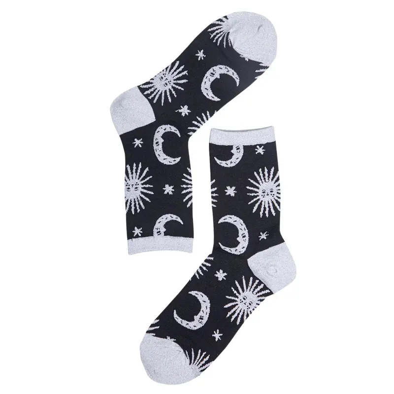 Womens Black Glitter Socks Silver Moon Star Sparkly Ankle Sock 1