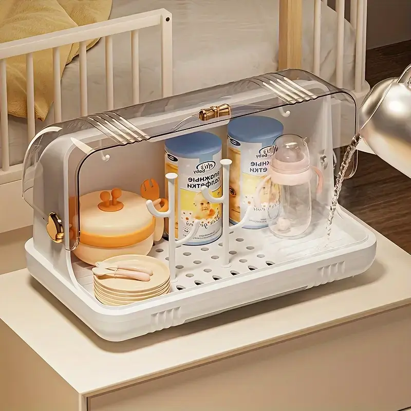 Baby Bottle Storage Box with Drainage and Dustproof Cover, Baby Utensil Drying Rack for Water Cups, Non-Contact Food, 4 Draining Racks, Suitable for Two Scenes 0