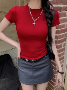 MosesQueen American Vintage Short Sleeve T-Shirt Women's Splicing Contrasting Spice Girl Top 62145#