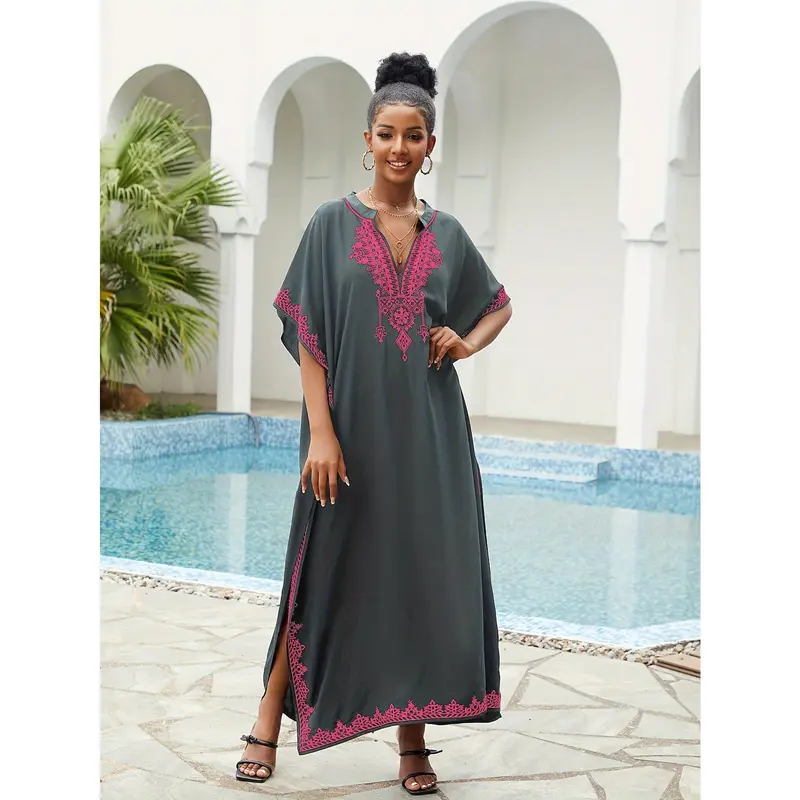 Ramadan Plus Size Boho Kaftan Dress, Women's Plus Golden Embroidered Bat Sleeve Notched Neck Maxi Cover Up Dress 1