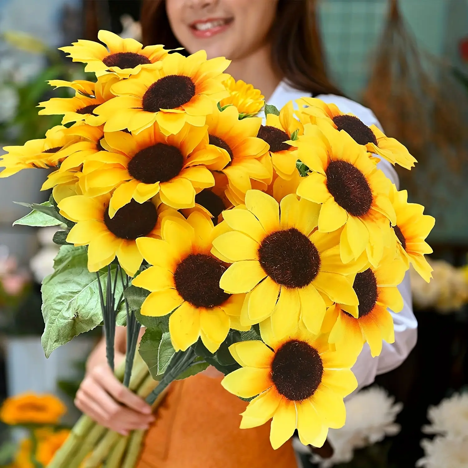 4 Bunches, Sunflower Artificial Bundles With Stems Bouquet Fake Plants UV Resistant Plastic Greenery Faux Outdoor Flower Plants No Fade For Garden Porch Window Box Decorating Decorative Fruit
