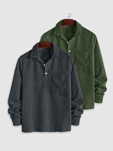 Men's Solid Color Corduroy Polo Shirt, Loose Casual Long Sleeve Button Top for Spring & Fall, Men's Clothes for Daily Wear