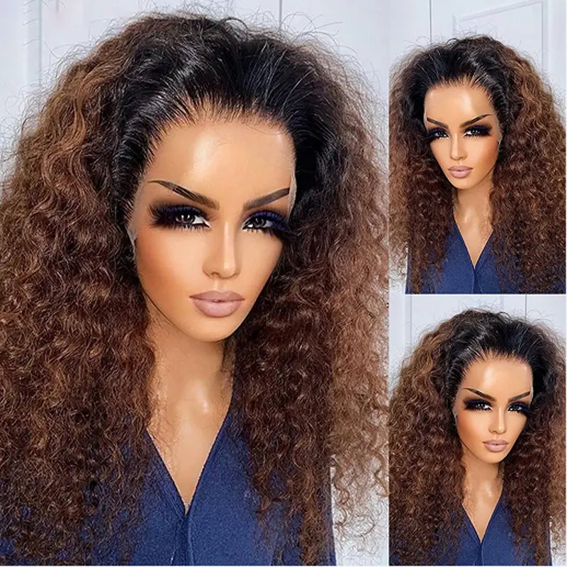 Ombre Brown Color Soft 26“Long Kinky Curly 180Density Lace Front Wig Synthetic For Women High Temperature Glueless Daily 2