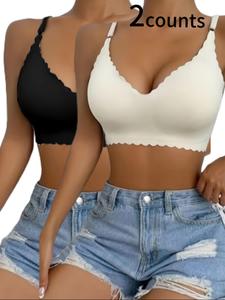 【Plus Size】 Solid Scallop Trim Wireless Push Up Bra, Comfy Breathable Seamless Bralette for Daily Wear, Women's Plus Size Lingerie for All Seasons