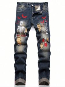 Men's Regular Fit Skull Embroidery Straight Leg Jeans, Casual Comfy Denim Pants for Daily Wear, Fashion Men's Bottoms for All Seasons, Cotton, Dark Wash Jeans