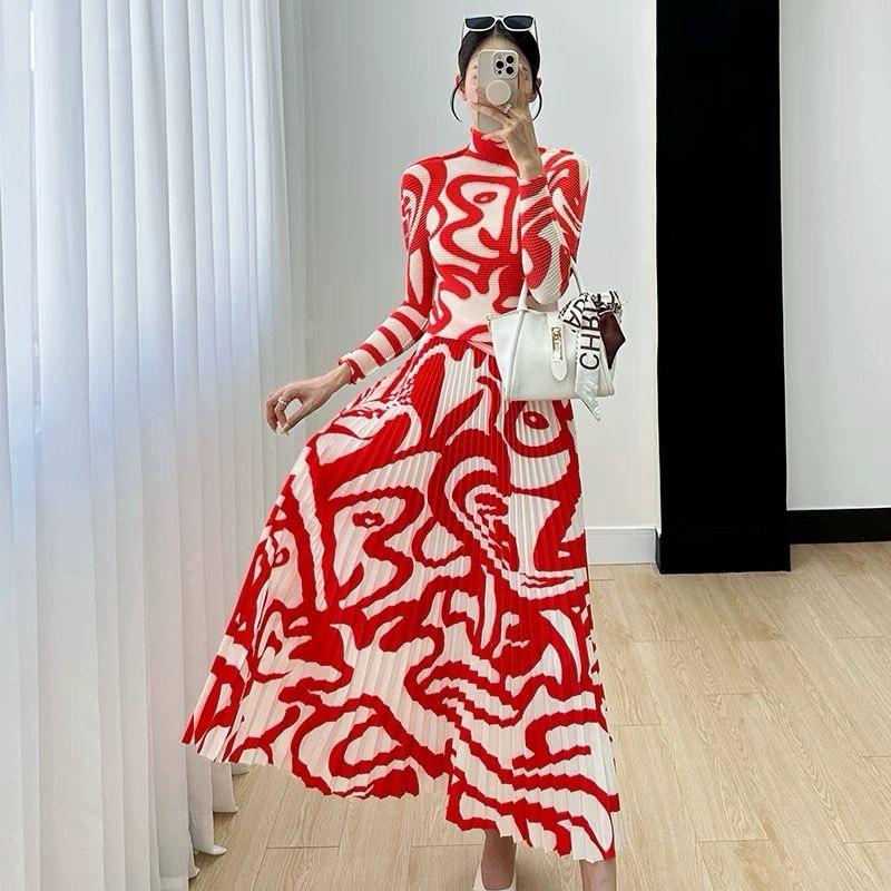 Women's Floral Two Piece Skirt Set - Long Sleeve Top and Mid-length A-line Skirt - Casual, Comfortable, Dress, Elegance, Comfort, Outfit 1