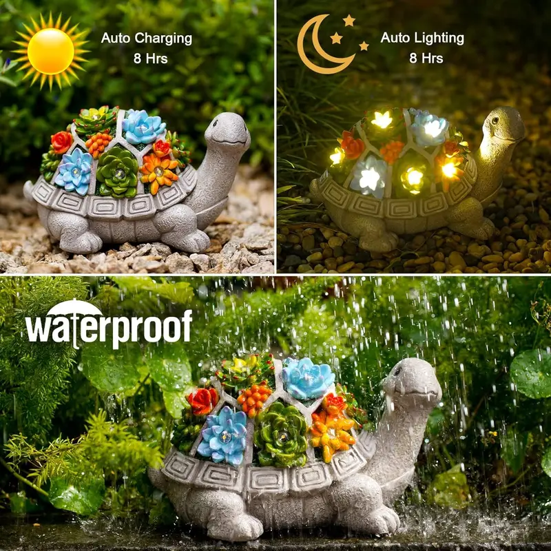 Solar-Powered Turtle Garden Ornaments with LED Lights & Succulent Accents - Outdoor Decor for Patio, Balcony, Yard - Birthday Gifts for Women, Mum, Unique Tortoise Statue Housewarming Ideas 5