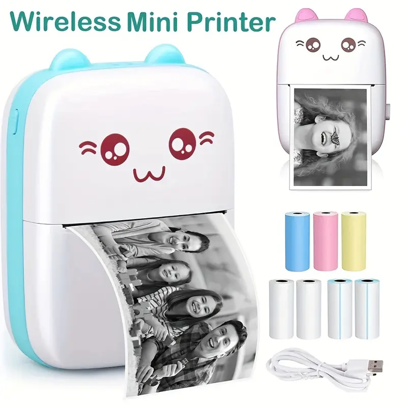 Compact Portable Wireless Mini Thermal Printer with Cute Cat Design, 200dpi, USB Rechargeable, Photo & Label Printing, Includes USB Cable & Inkless Kit, Ideal for Travel & Home Use, Photo Printing | Wireless Connectivity | USB Rechargeable Printer 1