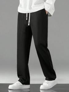 Men's Letter Print Drawstring Waist Pants, Loose Casual Comfy Straight Leg Trousers for Summer, Men's Bottoms for Daily Wear