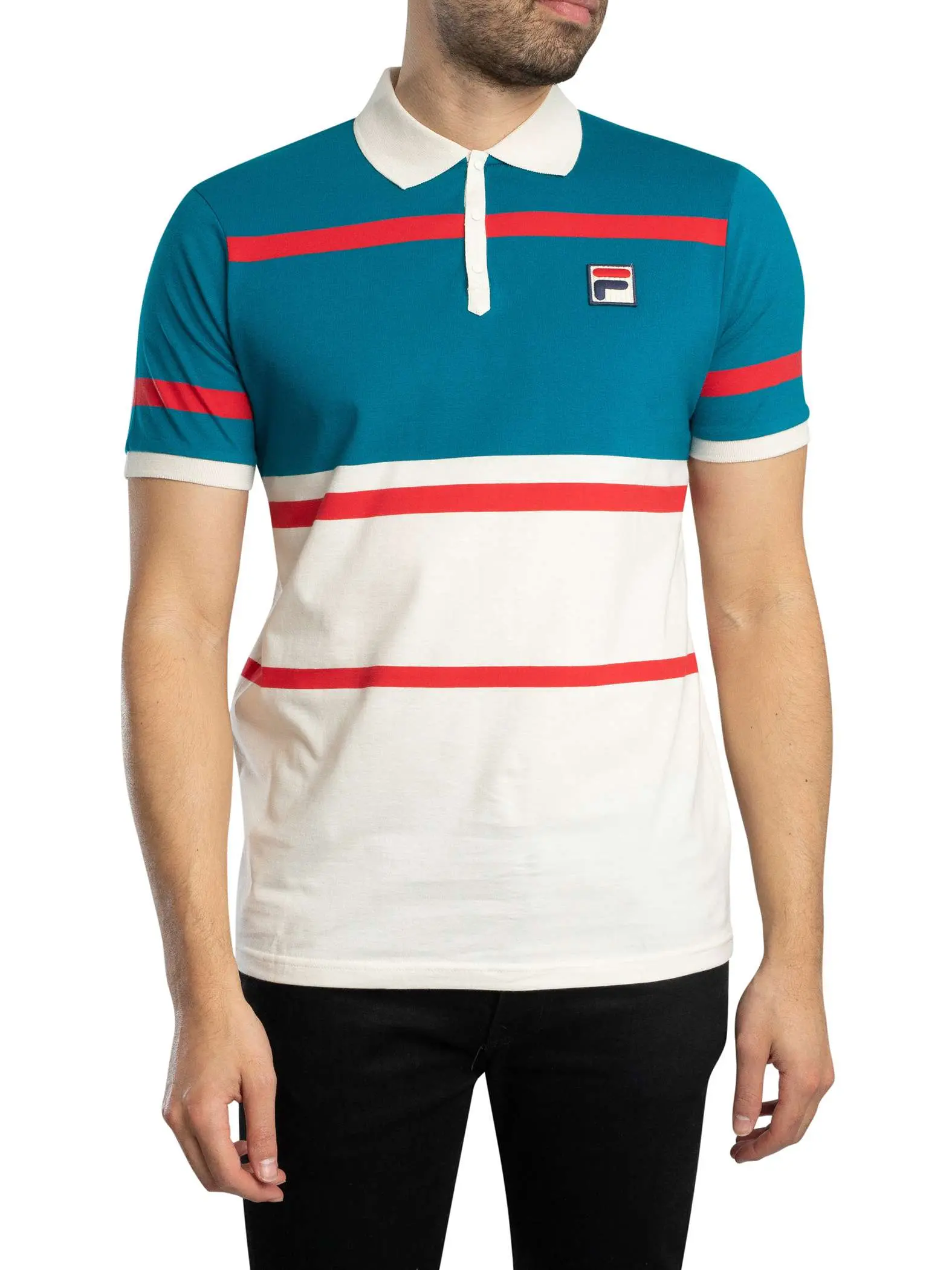 Fila Clarkson Varn Dye Stripe Polo Shirt - Gardenia/Deep Lagoon/Red