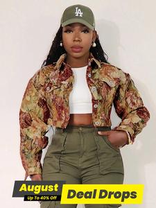 Women's Floral Print Button Front Crop Jacket, Fitted Casual Long Sleeve Collared Outerwear for Fall & Winter, Ladies Clothes for Daily Wear, Womenswear
