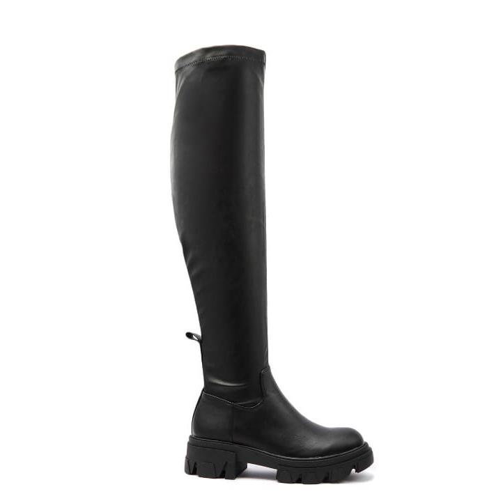 TEEANA BLACK FAUX PU LEATHER OVER THE KNEE CHUNKY BOOTS 1