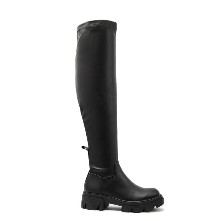 TEEANA BLACK FAUX PU LEATHER OVER THE KNEE CHUNKY BOOTS 1