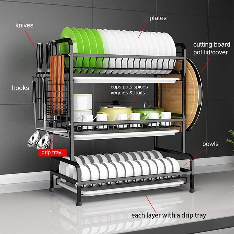 Product Introduction of 3 Tier Dish Drainer Rack with Drip Tray Cutlery Holder Plate Rack Kitchen Sink 51