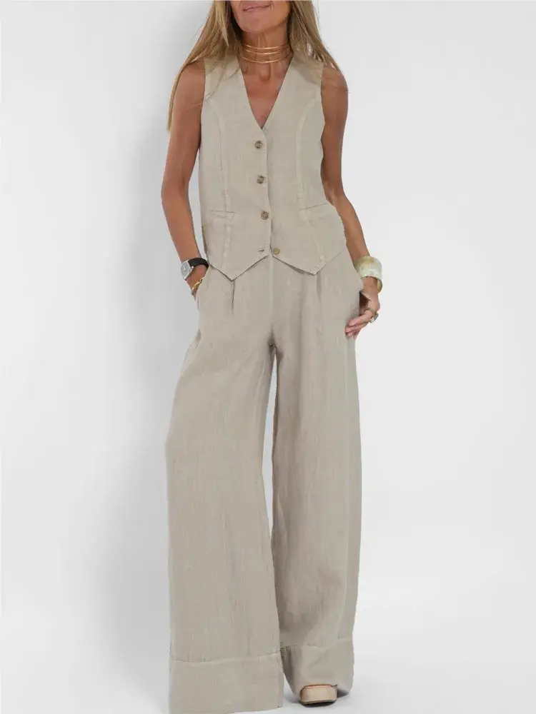 2025 Summer New Cotton Linen Women 2pcs Sets Solid Color Fashion Vest Tops And Long Trouser Patchwork Suit Casual Female Outfits - Basic Women's Suit - Womenswear Womenswear Basic Minimalist Sleeveless Vneck