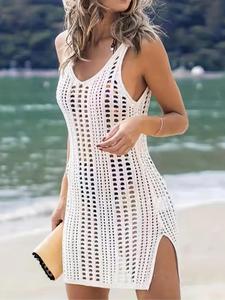 Womenswear Women's Solid Hollow Out Split Thigh Cover Up Cami Dress, Casual Wear Boho Spaghetti Strap Dress for Beach Holiday, Dress Hide Tummy, Spring Dresses 2025, Beach Swimsuit Cover, Swimwear Cover Up, Beach Outdoor Wear