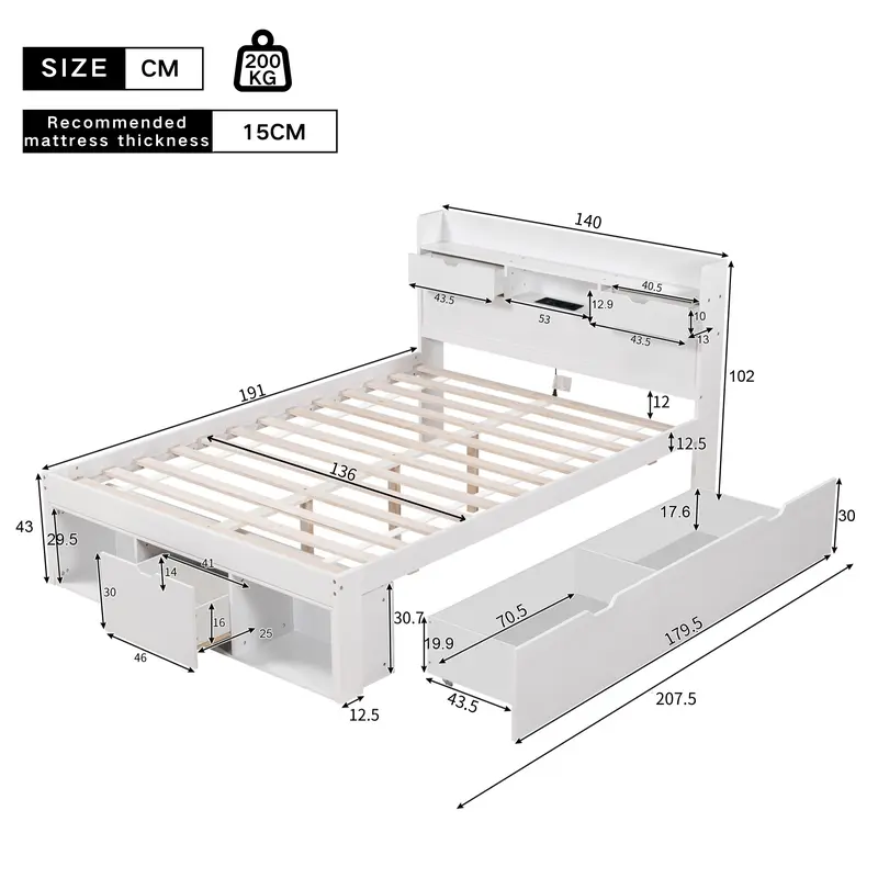 Double bed, Double Bed-4ft6(135*190cm), With USB port & drawers & storage cabinet, Children's bed, Youth bed, Multifunctional bed, Large storage space, without mattress, white 8