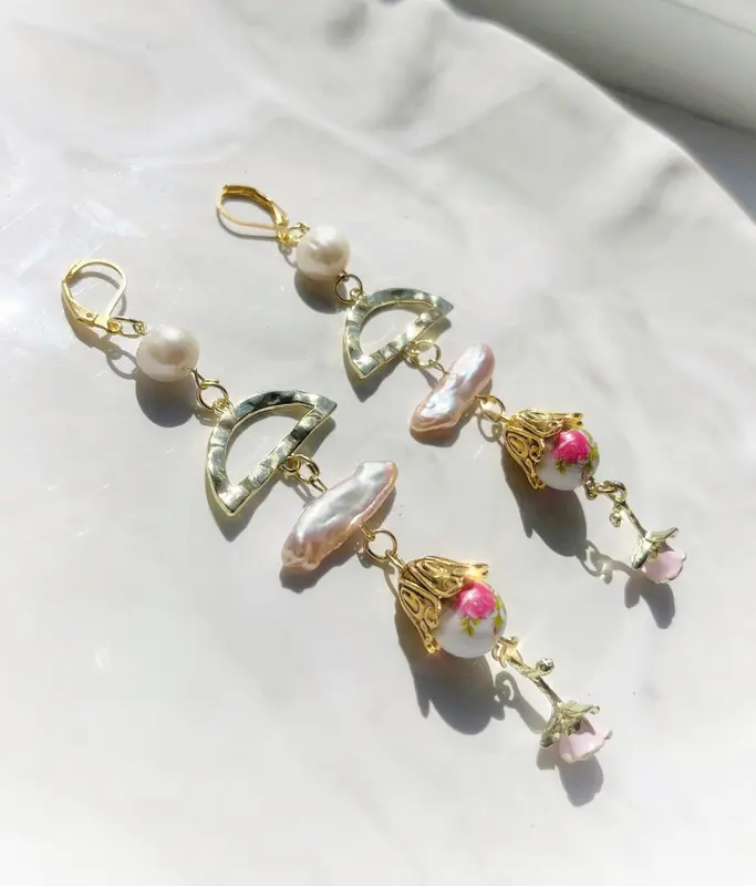 Pearl drop earrings with rose flower charm, white freshwater pearl dangle earrings, statement earrings, summer earrings 1