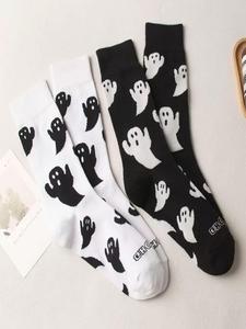 Women's Streetwear Halloween Ghost Print Crew Socks, Y2K Wear Streetwear, Mid-calf Long Socks, Women Socks for All Seasons, 2024 Trendy Matching Seamless Socks, Autumn Wear Autumn Winter Wear, Womenswear