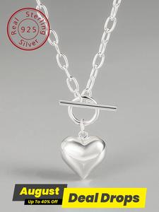 925 Sterling Silver Heart Shaped Pendant Necklace for Women & Girls, Vintage Ot Buckle Love Heart Sentimental Necklaces for Daily Wear, Trendy All-match & Exquisite Jewelry for Birthday Gift, Trendy Charms Necklace