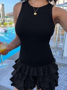 Women's Solid Ruffle Trim Romper, Casual Sleeveless Romper for Summer, Ladies Clothes for Beach Holiday Vacation