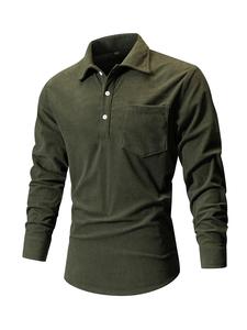 Men's Solid Color Button Front Half Placket Corduroy Polo Shirt, Loose Casual Comfy Long Sleeve Chest Pocket Design Top for Fall & Winter, Men's All-Match Clothes for Daily Wear