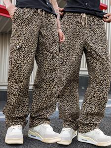 Men's Leopard Print Pocket Drawstring Waist Pants, 2024 New Style Casual Comfy Straight Leg Trousers for Fall & Winter, Men's Bottoms for Daily Wear