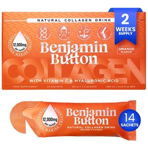 Benjamin Button 14x Orange Flavoured Shots 12,000mg, Hydrolysed Marine Collagen Liquid Shots with 60mg Vitamin C for Skin Elasticity, Hair & Nail Health 30ml Sachets