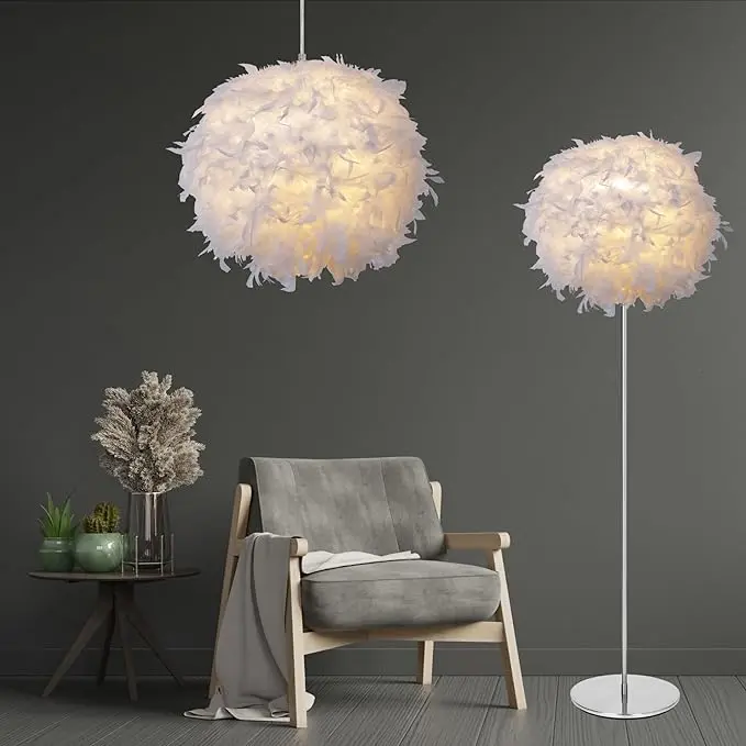 30cm White Feather Light Shade, Lamp Shade for Pendant Ceiling Light, Table Lamp, Floor Lamp, Fluffy Feather Lampshade Ceiling Light Shade for Living Room, 2