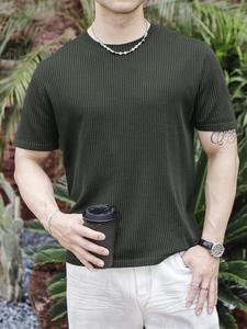 Men's Regular Fit Striped Trim Ribbed Tee, Casual Short Sleeve T-shirt for Summer, Fashion Men's Top for Daily Wear