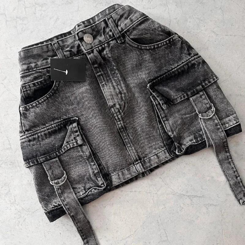 Harajuku Multiple Pockets Denim Plaid Skirt Vintage Goth Black Y2k Mini Skir Fashion Womens Casual Versatile Sexy Streetwear 1