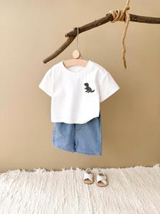 Unisex's Cute Dinosaur Embroidery Short Sleeve Tee & Denim Shorts Set, Casual Round Neck T-shirt & Shorts, Summer Toddler Outfit Clothes for Infant Kids, Pretty Little Baby, Baby Clothing, Baby Girl Clothes