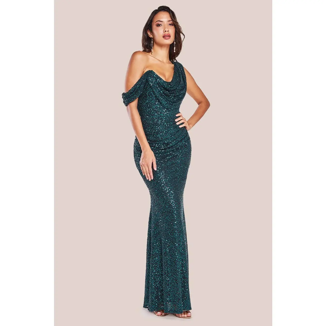 Sequin Cowl One Shoulder Maxi Dress - Emerald Green by Goddiva