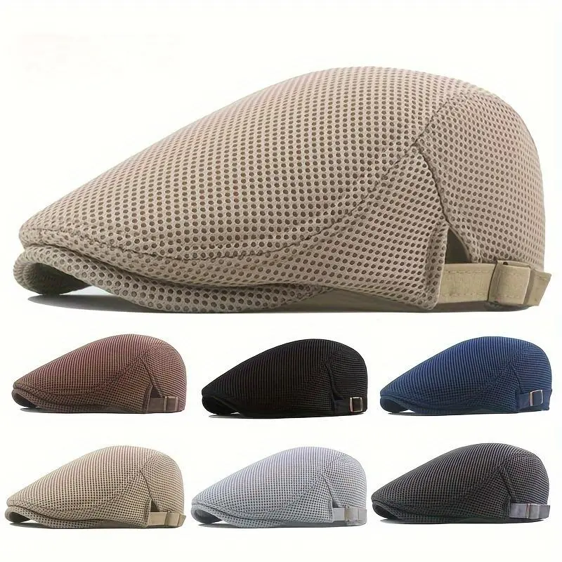 Summer Men Newsboy Breathable Cap Hat Mesh Cabbie Golf Driving Sun Flat Beret Black White Gray Beige Hats Caps Visors