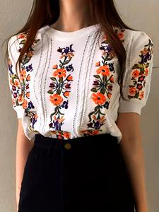 Women's Floral Embroidery Puff Sleeve Knit Top, Fashion Women's Knit Clothing for Daily Wear, Womenswear