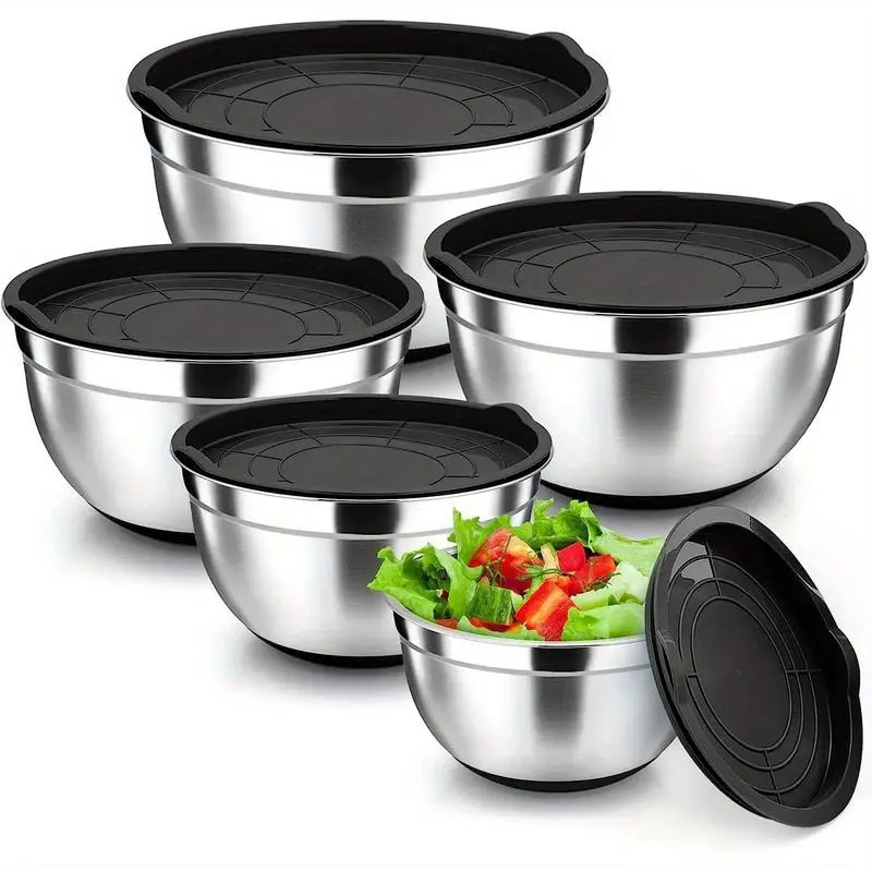 Stainless Steel Mixing Bowl Set, 5 Counts/set Dishwasher Safe Nesting Bowl with Airtight Lid, Kitchen Accessories Large Capacity Baking Bowl, Summer for Gift Tableware Serving