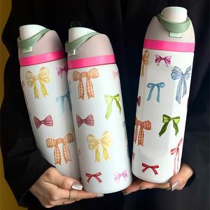 Bow Pattern Stainless Steel Vacuum Flask, 1 Count Portable Insulated Water Bottle with Straw, Drinking Cup for Home Office School Outdoor Camping, Insulated Tumbler, Drinkware