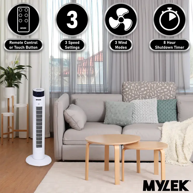 MYLEK Tower Fan 34 Inch Oscillating Slim Floor Standing Cool Air Circulator, Remote Control, Timer, Ioniser, Quiet, 3 Cooling Settings, Temp Display, Bedroom, Home Or Office (White Or Black Version) 1