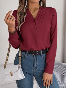 Women's Plain V Neck Blouse, Elegant Long Sleeve Top for Spring & Fall, Ladies Clothes for Daily Wear, Coquette Autumn Clothing