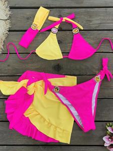 Women's Artificial Gemstone Decor Ruched Bikini Set, Halter Neck Tie Back Triangle Swim Bra & Tie Side Swim Panty & Knot Ruffle Cover Up Skirt & Choker Set, Ladies Summer Swimsuit, Bikinis Sets, Halter Bathing Suit