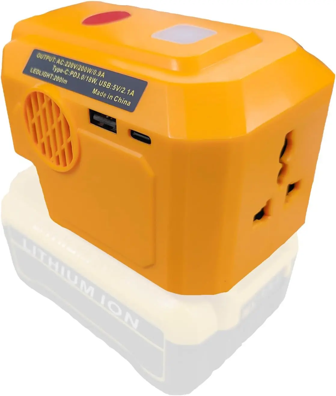 Power Inverter Generator Fit for DEWALT/MAKITA 18V/20V Lithium Battery, DC18V to AC 220-230V Portable Power Station for Phone Charger Adapter, 1 USB Ports & 1 Type-C & 1 AC Outlet, 200LM LED Light