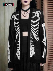 Women's Drop Shoulder Knitted Cardigan, Casual Halloween Skeleton Print Long Sleeve Open Front Knitwear for Fall & Winter, Women's Clothing for Daily Wear, Womenswear