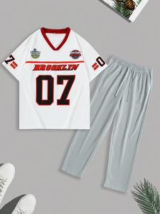 Men's Letter & Number Print Short Sleeve Tee & Pants Two-piece Set, Loose Casual V Neck T-shirt & Trousers for Daily Wear, Men's Two-piece Outfits for Summer