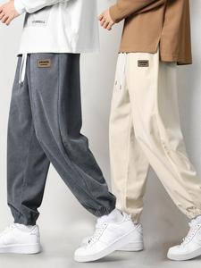Men's Letter Patched Corduroy Pants, Casual Comfy Loose Trousers for Fall & Winter, Men's Bottoms for Daily Wear