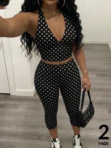 TikTok Viral 2026 Women's 2 Pack Polka Dot 2 Piece Outfit Sets，Halter Neck Deep V Crop Top + High Waisted Capri Leggings -Y2K Retro Aesthetic Streetwear,Soft Stretchy Fabric for Club, Festival, Daily Wear, Brunch, Vacation Trendy Summer Outfits for Teen