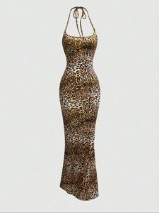 Women's Leopard Print Halter Neck Tie Back Cami Dress, Fashion Casual Backless Long Dress for Daily Outdoor Wear, Ladies Dress for Summer