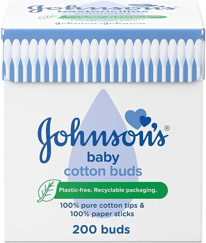 Johnson's Baby Cotton Buds (1 x Pack of 200) Soft & Gentle Ear Buds for Delicate Skin, Made of 100% Pure Cotton and Paper Sticks, Plastic-Free to Clean Delicate Areas, around Eyes and Outer Ear