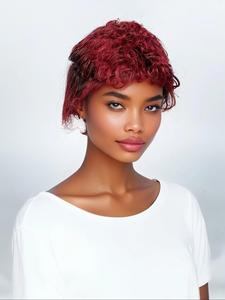 8 Inch Short Curly T Part Lace Wigs for Women, Gorgeous Fluffy Wigs with Blunt Bangs, Human Hair Wigs for Party, Daily Use