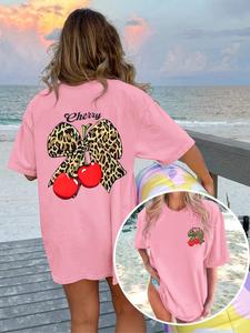 Women's Cherry & Leopard Print Round Neck Tee, Casual Short Sleeve Crew Neck T-Shirt for Summer, Fashion Women's Top for Daily Wear