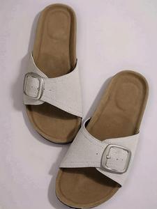 Women's Minimalist Solid Color Double Buckle Sandals, Casual Comfortable Flat Sandals for Beach, Beach Aesthetic, Fashionable Shoes for Daily Wear, Girl, Comfy Sandals, Footwear, Elegant Sandals, Flat Slide Sandals, Casual Summer Sandals